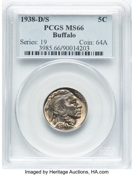 image for: 1938-D/S 5C Buffalo, FS-511, MS66 PCGS.  CDN: $165 Whsle. Bid for NGC/PCGS MS66. Mintage 7,020,000....