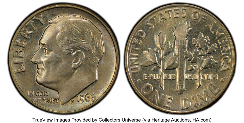 image for: 1966 10C MS67 Full Bands PCGS. PCGS Population: 17 in 67 (1 in 67+), 3 finer (10/25). CDN: $600 Whsle. Bid for NGC/PCGS MS6...