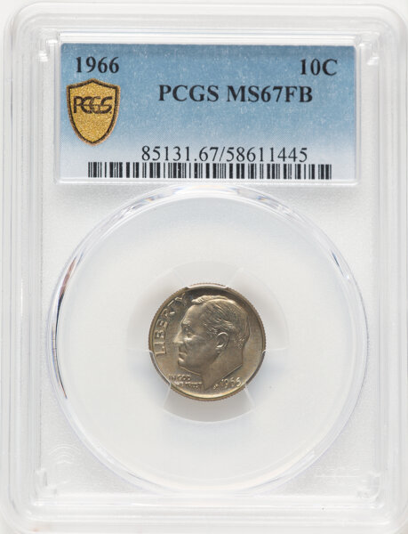 image for: 1966 10C MS67 Full Bands PCGS. PCGS Population: 17 in 67 (1 in 67+), 3 finer (10/25). CDN: $600 Whsle. Bid for NGC/PCGS MS6...