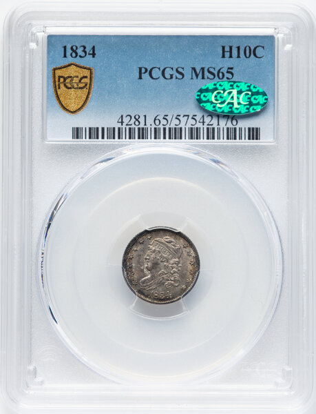 image for: 1834 H10C 3 Over Inverted 3, V-5, LM-1, FS-301, R.2, MS65 PCGS. CAC. PCGS Population: (38/27 and 1/6+). CAC Population: (22...