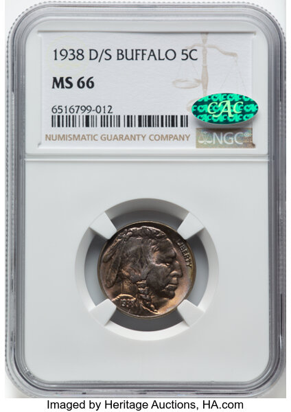 image for: 1938-D/S 5C Buffalo, FS-512, MS66 NGC. CAC.  Mintage 7,020,000....
