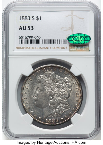 1883-S $1 AU53 NGC. CAC. CAC Population: (22/387). Mintage 6,250,000. ...