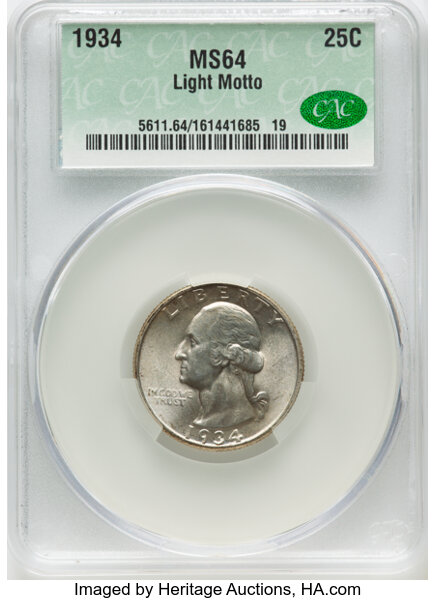 image for: 1934 25C Light Motto, FS-401, MS64 CACG.  Mintage 31,912,052....