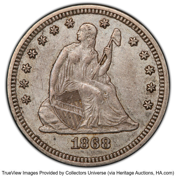 image for: 1868 25C AU50 PCGS. CAC. PCGS Population: (8/46 and 0/1+). CAC Population: (2/6). Mintage 29,400....