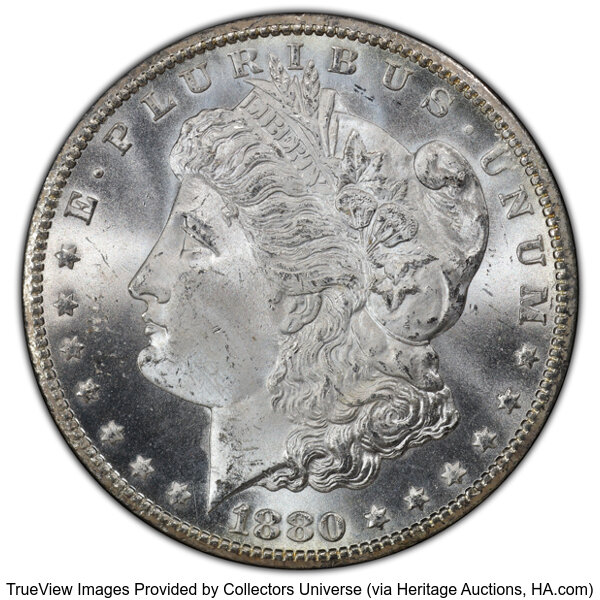 image for: 1880-CC $1 8 Over High 7, VAM-5, MS65 PCGS. CAC. A Top 100 Variety. CAC Population: (34/45)....
