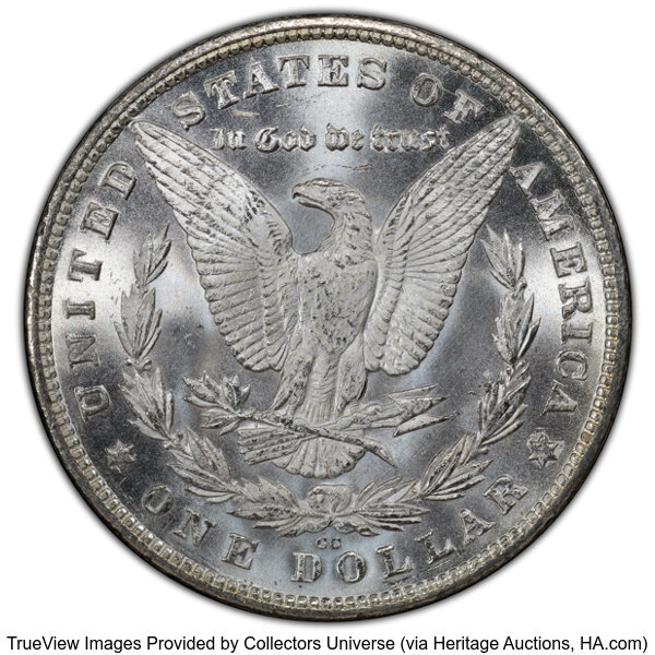 image for: 1880-CC $1 8 Over High 7, VAM-5, MS65 PCGS. CAC. A Top 100 Variety. CAC Population: (34/45)....
