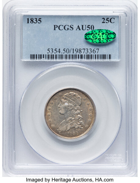 image for: 1835 25C B-2, R.2, AU50 PCGS. CAC. PCGS Population: 63 in 50, 240 finer. CAC: 6 in 50, 33 finer (9/25). CDN: $560 Whsle. Bi...