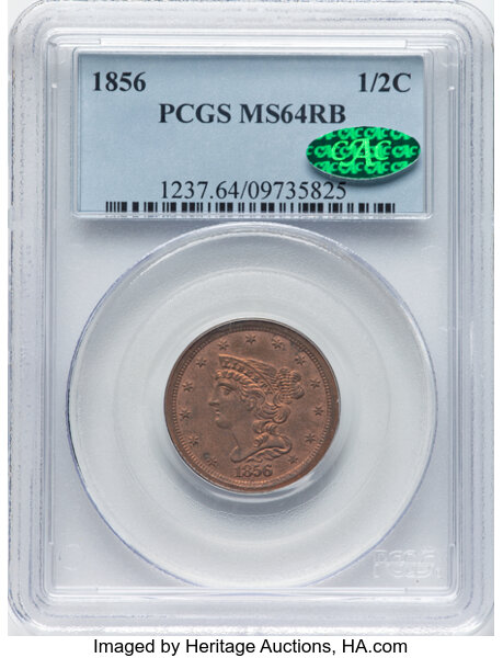 image for: 1856 1/2 C C-1, B-2a, R.1, MS64 Red and Brown PCGS. CAC. PCGS Population: 32 in 64, 0 finer. CAC: 12 in 64, 1 finer (9/25)....