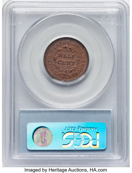 image for: 1856 1/2 C C-1, B-2a, R.1, MS64 Red and Brown PCGS. CAC. PCGS Population: 32 in 64, 0 finer. CAC: 12 in 64, 1 finer (9/25)....