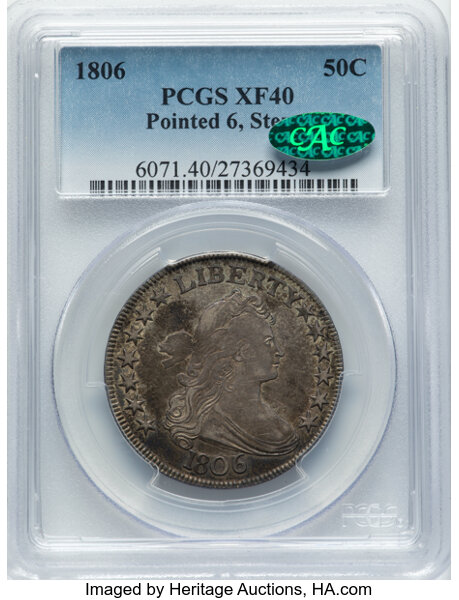 image for: 1806 50C Pointed 6, Stem, O-118a, T-24, R.3, XF40 PCGS. CAC. CAC: 26 in 40, 74 finer (10/25).  CDN: $1,400 Whsle. Bid for N...