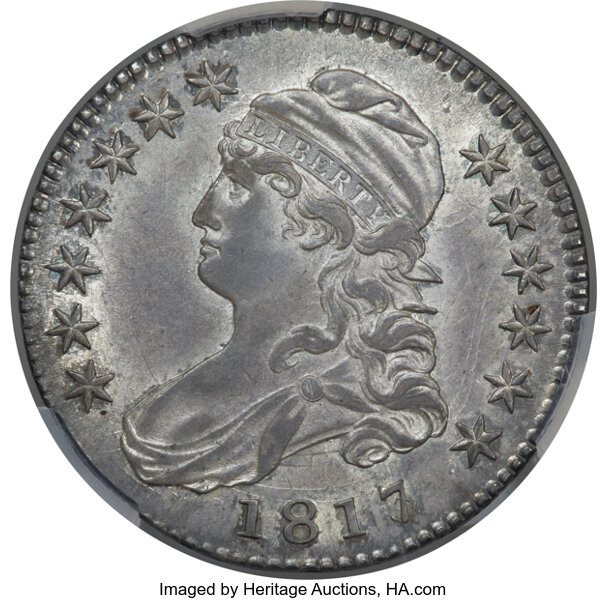 image for: 1817/3 50C O-101, R.2, AU58 CACG. This near-Mint Bust half dollar features the 7 in the date clearly punched over a pre-exi...