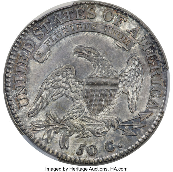 image for: 1817/3 50C O-101, R.2, AU58 CACG. This near-Mint Bust half dollar features the 7 in the date clearly punched over a pre-exi...