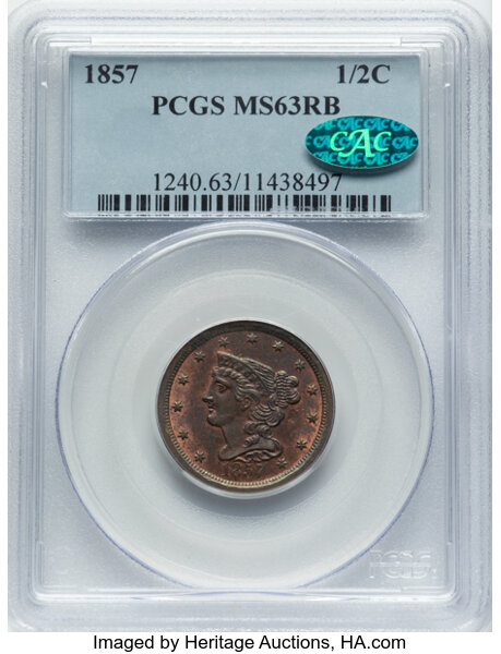 image for: 1857 1/2 C C-1, B-1, R.2, MS63 Red and Brown PCGS. CAC. CAC: 11 in 63, 20 finer (10/25).  CDN: $825 Whsle. Bid for NGC/PCGS...
