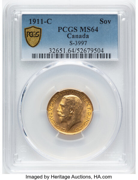 image for: Canada: George V gold Sovereign 1911-C MS64 PCGS,...