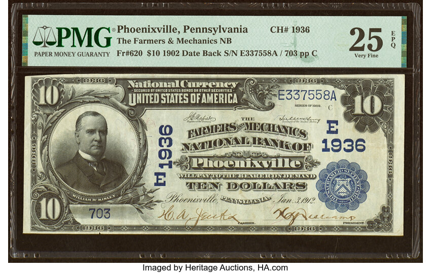image for: Phoenixville, PA - $10 1902 Date Back Fr. 620 The Farmers & Mechanics National Bank Ch. # (E)1936 PMG Very Fine 25 EPQ....