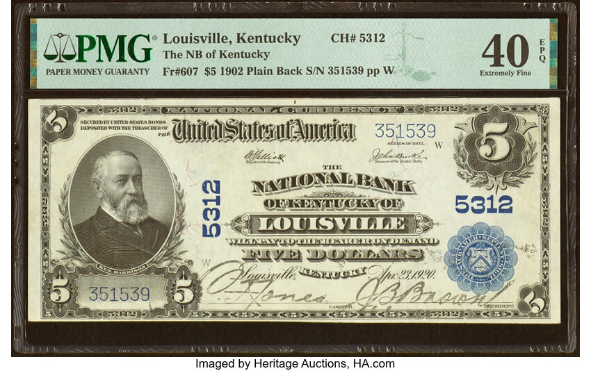 image for: Louisville, KY - $5 1902 Plain Back Fr. 607 The National Bank of Kentucky Ch. # 5312 PMG Extremely Fine 40 EPQ....