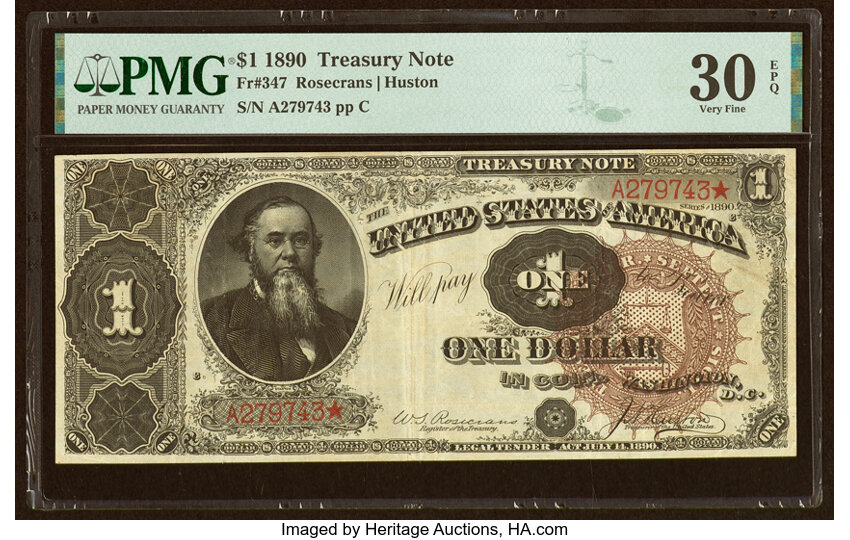 image for: Fr. 347 $1 1890 Treasury Note PMG Very Fine 30 EPQ....