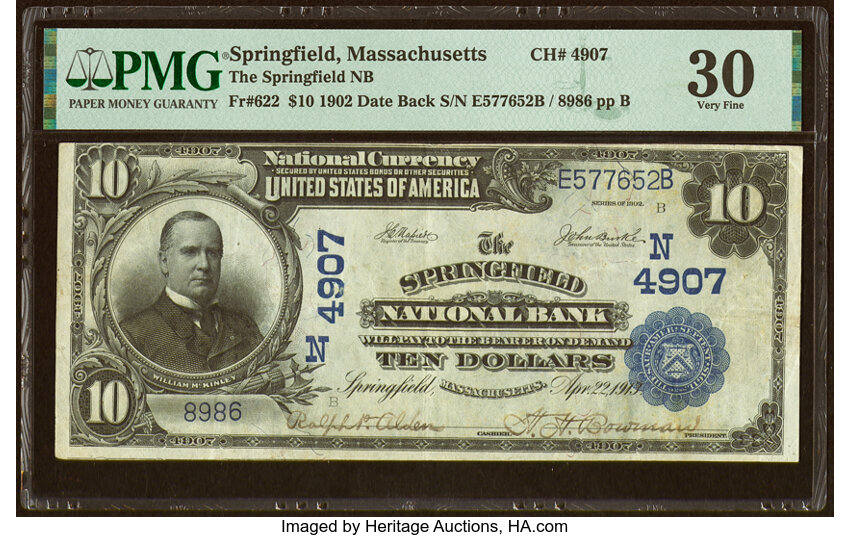 image for: Springfield, MA - $10 1902 Date Back Fr. 622 The Springfield National Bank Ch. # (N)4907 PMG Very Fine 30....