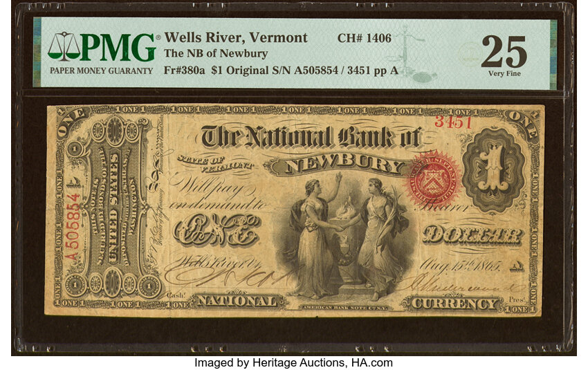 image for: Wells River, VT - $1 Original Fr. 380a The National Bank of Newbury Ch. # 1406 PMG Very Fine 25....