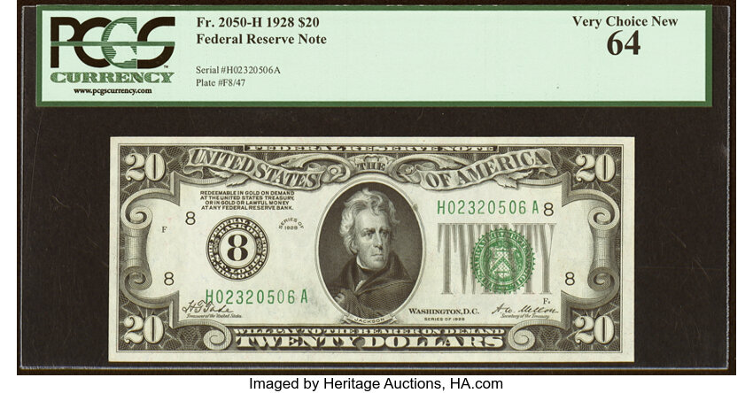 image for: Fr. 2050-H $20 1928 Federal Reserve Note. PCGS Very Choice New 64....