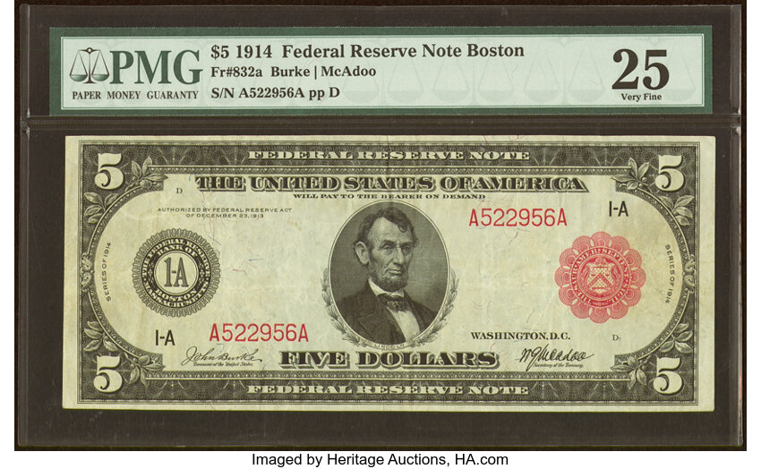 image for: Fr. 832a $5 1914 Red Seal Federal Reserve Note PMG Very Fine 25....