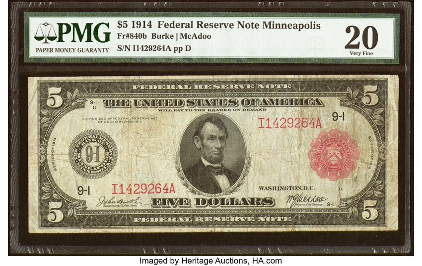 image for: Fr. 840b $5 1914 Red Seal Federal Reserve Note PMG Very Fine 20....