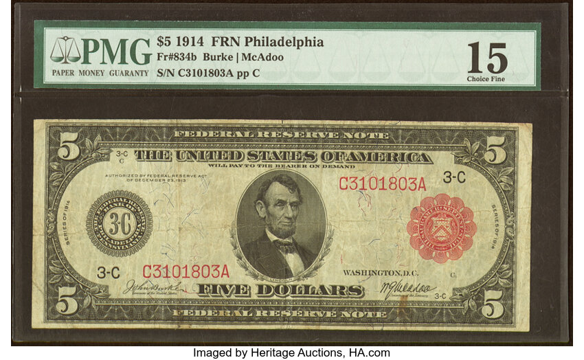 image for: Fr. 834b $5 1914 Red Seal Federal Reserve Note PMG Choice Fine 15....