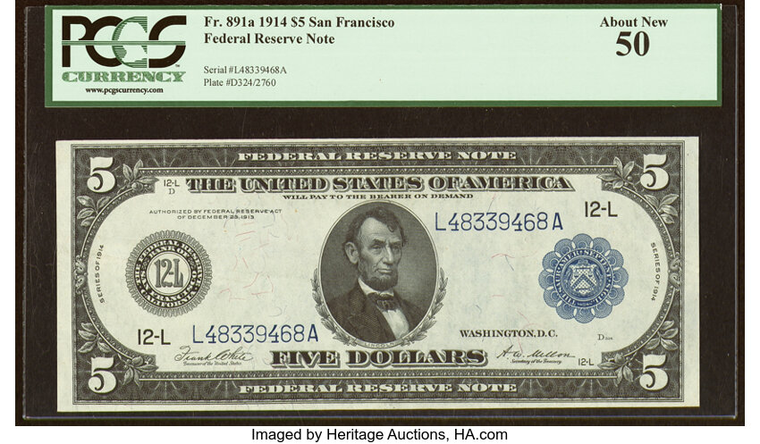 image for: Fr. 891a $5 1914 Federal Reserve Note PCGS About New 50....