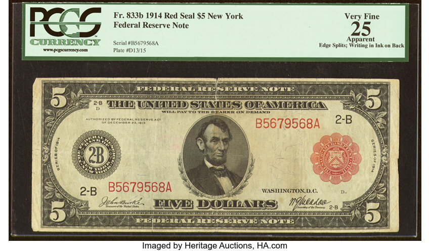image for: Fr. 833b $5 1914 Red Seal Federal Reserve Note PCGS Apparent Very Fine 25....