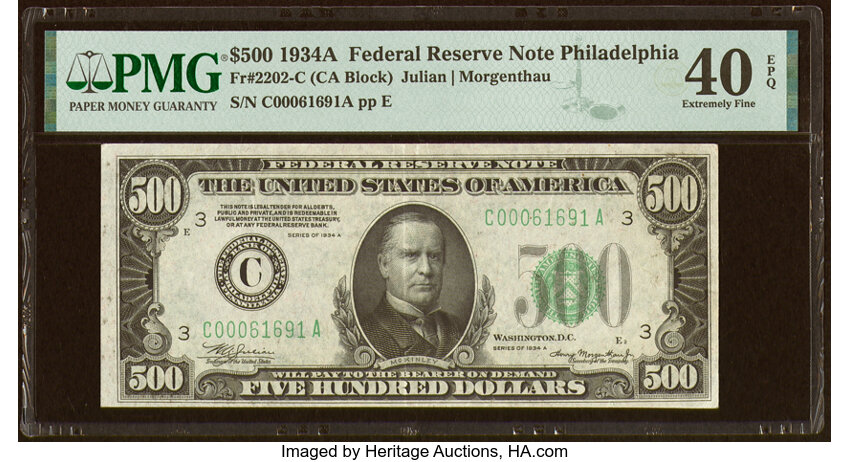 image for: Fr. 2202-C $500 1934A Federal Reserve Note. PMG Extremely Fine 40 EPQ....