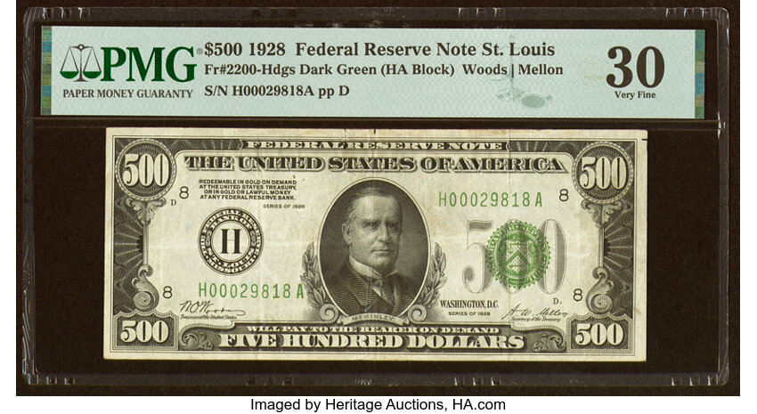 image for: Fr. 2200-H $500 1928 Federal Reserve Note. PMG Very Fine 30....
