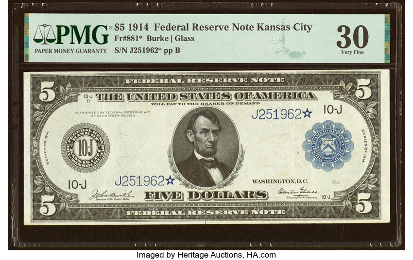 image for: Fr. 881* $5 1914 Federal Reserve Star Note PMG Very Fine 30....