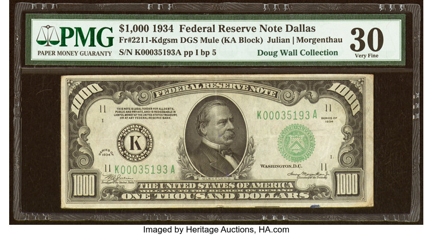 image for: Fr. 2211-K $1,000 1934 Mule Federal Reserve Note. PMG Very Fine 30....
