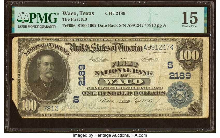 image for: Waco, TX - $100 1902 Date Back Fr. 696 The Waco National Bank Ch. # (S)2189 PMG Choice Fine 15....