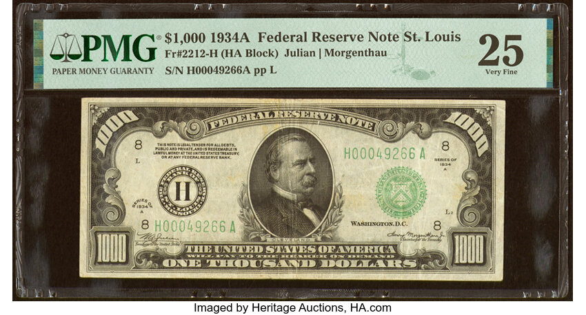 image for: Fr. 2212-H $1,000 1934A Federal Reserve Note. PMG Very Fine 25....