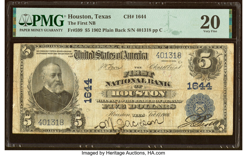 image for: Houston, TX - $5 1902 Plain Back Fr. 599 The First National Bank Ch. # 1644 PMG Very Fine 20....