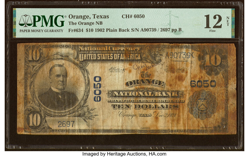 image for: Orange, TX - $10 1902 Plain Back Fr. 634 The Orange National Bank Ch. # 6050 PMG Fine 12 Net....
