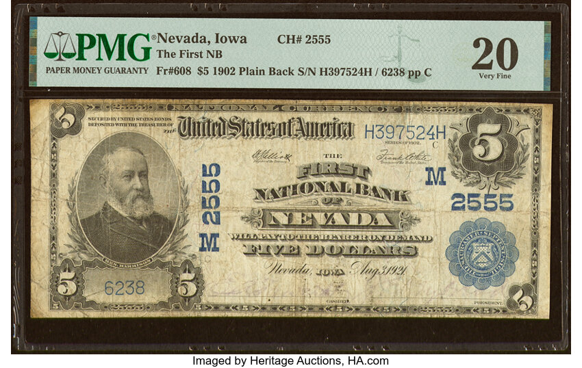 image for: Nevada, IA - $5 1902 Plain Back Fr. 608 The First National Bank Ch. # (M)2555 PMG Very Fine 20....