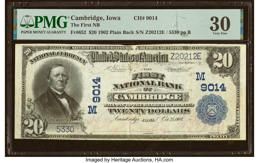 image for: Cambridge, IA - $20 1902 Plain Back Fr. 652 The First National Bank Ch. # (M)9014 PMG Very Fine 30....