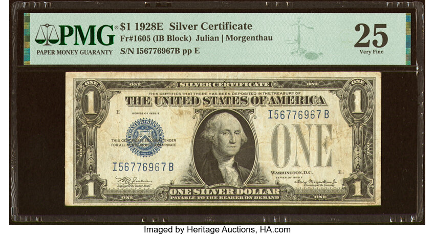 image for: Fr. 1605 $1 1928E Silver Certificate. I-B Block. PMG Very Fine 25....