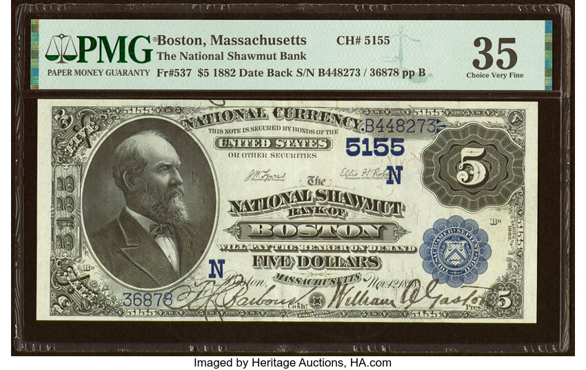 image for: Boston, MA - $5 1882 Date Back Fr. 537 The National Shawmut Bank Ch. # (N)5155 PMG Choice Very Fine 35....