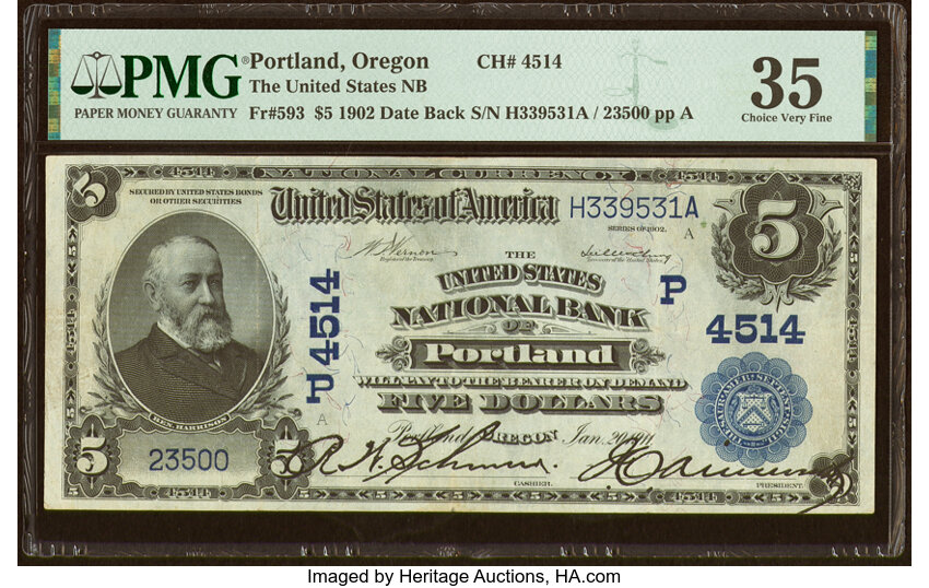 image for: Portland, OR - $5 1902 Date Back Fr. 593 The United States National Bank Ch. # (P)4514 PMG Choice Very Fine 35....