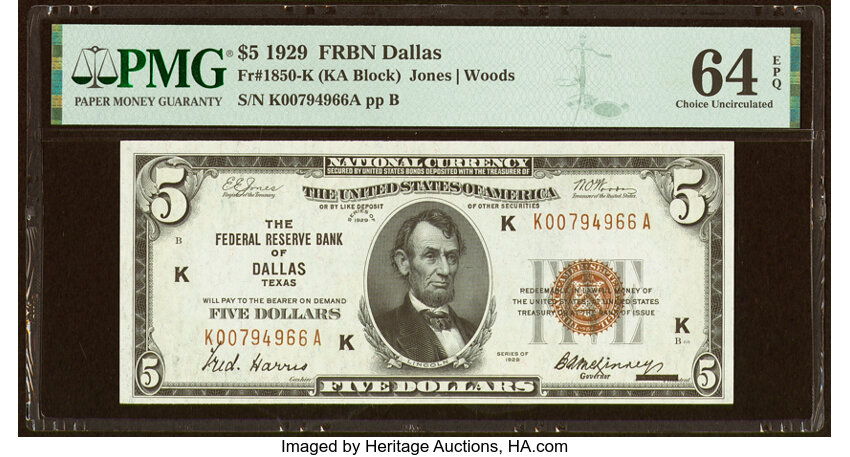 image for: Fr. 1850-K $5 1929 Federal Reserve Bank Note. PMG Choice Uncirculated 64 EPQ....