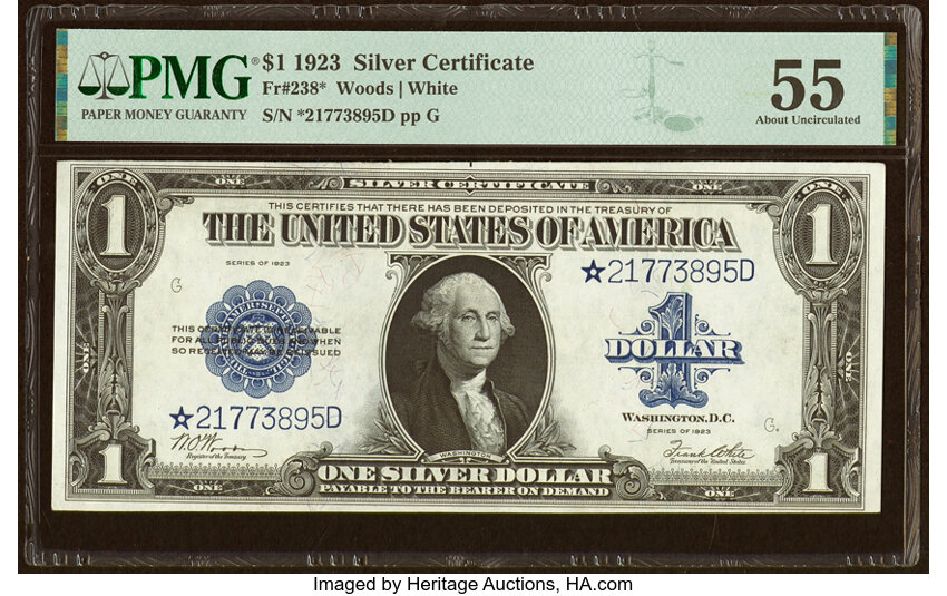 image for: Fr. 238* $1 1923 Silver Certificate Star Note PMG About Uncirculated 55....