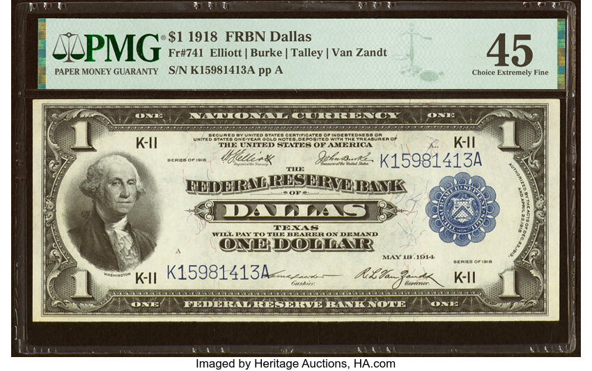 image for: Fr. 741 $1 1918 Federal Reserve Bank Note PMG Choice Extremely Fine 45....