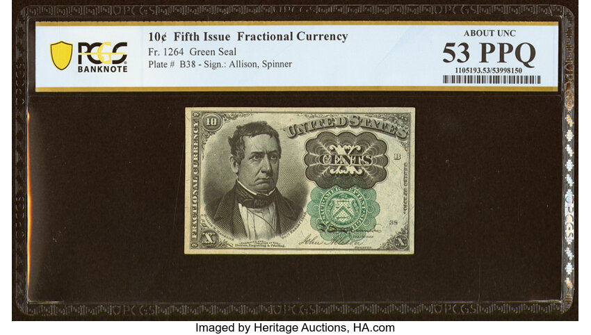 image for: Fr. 1264 10¢ Fifth Issue PCGS Banknote About Unc 53 PPQ....