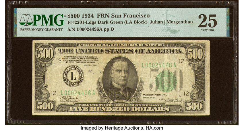 image for: Fr. 2201-L $500 1934 Federal Reserve Note. PMG Very Fine 25....