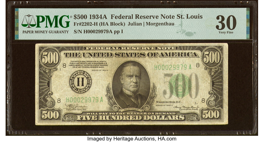 image for: Fr. 2202-H $500 1934A Federal Reserve Note. PMG Very Fine 30....
