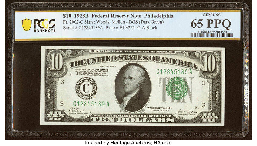 image for: Fr. 2002-C $10 1928B Federal Reserve Note. PCGS Banknote Gem Unc 65 PPQ....
