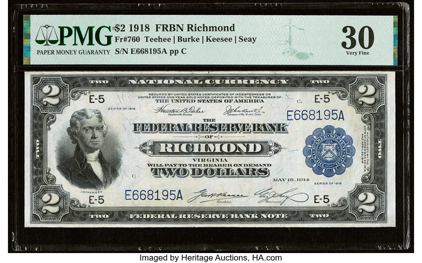 image for: Fr. 760 $2 1918 Federal Reserve Bank Note PMG Very Fine 30....